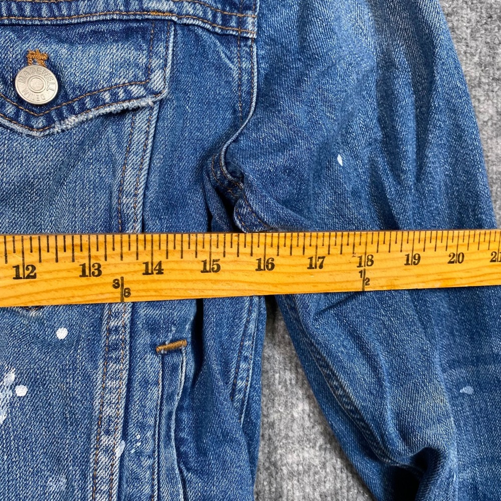 Madewell Boxy-Crop Denim Jacket Blue Paint Splatter Distressed Womens Small - Picture 3 of 7